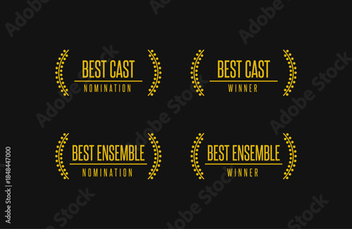 Film award badges set - best ensemble, cast, casting, acting nomination and winner clip art. Black and gold vector icon set