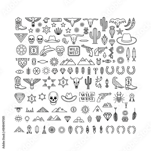 Western Cowboy Icons Collection Wild West Symbols Line Art vector illustration