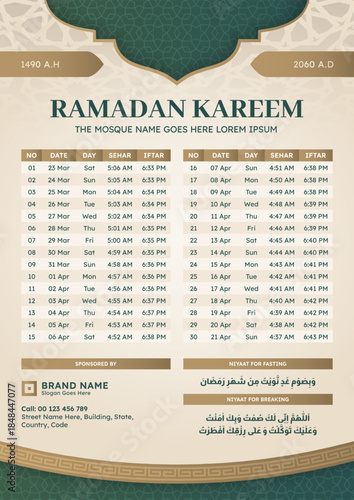 Ramadan Kareem Hijri Islamic Monthly Calendar Template Design with Prayers, Suhur and Iftar Times
