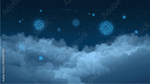 A dreamy night sky with glowing blue abstract patterns resembling fireworks or snowflakes above soft clouds.