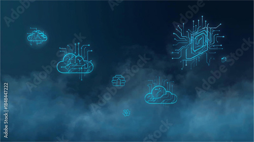Digital network and cloud computing infrastructure with abstract circuit elements floating in a blue, smoky environment, representing modern technology and data processing.