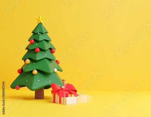 Cute Christmas tree awaiting Christmas. Christmas is near concept design on yellow background with copy space. 3D Rendering, 3D Illustration