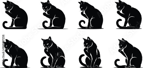 Set of Minimalist black cat sitting and grooming itself licking paw silhouette vector icon