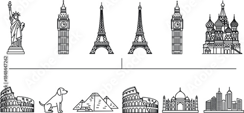 Set of black and white icons featuring famous world landmarks including the Statue of Liberty Eiffel Tower Big Ben Colosseum Pyramids and Taj Mahal for travel and tourism graphic design