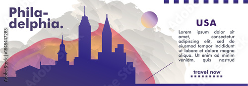 Philadelphia, Pennsylvania USA city banner with skyline, cityscape, landmarks. Horizontal travel vector illustration layout for website, page, presentation, header, footer