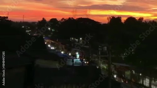 Motorcycles Riding on Mountain Road at Dark Sunset, Evening 6 PM Atmosphere