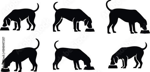 Set of Minimalist black dog eating food from bowl silhouette vector icon