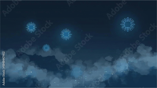 Mysterious blue glowing circular objects float above dark clouds in a nocturnal or cosmic setting.