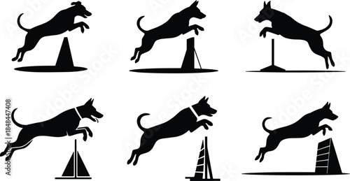 Set of Minimalist black dog jumping over obstacle agility silhouette vector icon