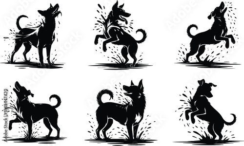 Set of Minimalist black dog shaking body dry wet silhouette vector icon