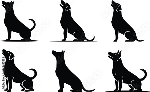 Set of Minimalist black dog looking up at owner loyal silhouette vector icon