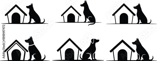 Set of Minimalist black dog sitting beside doghouse kennel silhouette vector icon