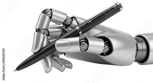 Robotic hand holding a pen transparent background cutout png