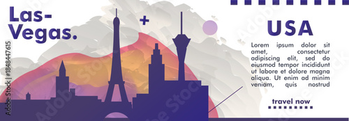 Las Vegas, Nevada USA city banner with skyline, cityscape, landmarks. Horizontal travel vector illustration layout for website, page, presentation, header, footer
