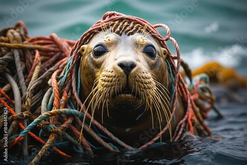 Sea Lion Trapped in Abandoned Fishing Gear Highlighting the Deadly Impact of Human Waste on Marine Life