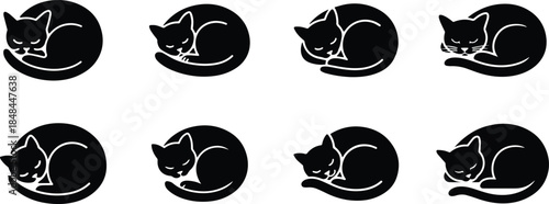 Set of Minimalist black cat sleeping curled up peaceful silhouette vector icon