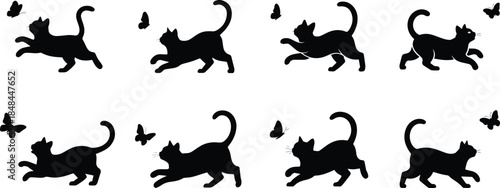 Set of Minimalist black cat chasing butterfly playful action silhouette vector icon