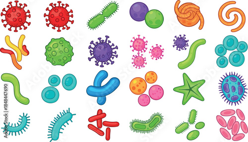 Comprehensive set of colorful microbiology icons featuring viruses bacteria pathogens and microorganisms for scientific research medical education and healthcare graphic design