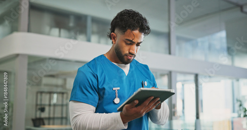 Nurse, man or reading with tablet in hospital, healthcare platform or access medical records for info. Patient vital update, review medicine schedule or doctor with digital report, tech or research