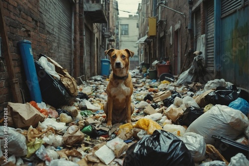 Stray Dog Searching Through Trash Highlighting Urban Waste Problems and Human Neglect of Environment and Animals