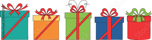 Set of five colorful Christmas gift boxes with red and green ribbons for holiday shopping themes birthday celebrations and festive seasonal graphic design