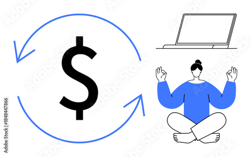 Financial planning, remote work, work-life balance, productivity, income stability, mindfulness. Circular dollar symbol, laptop person meditating. Financial planning and remote work concepts