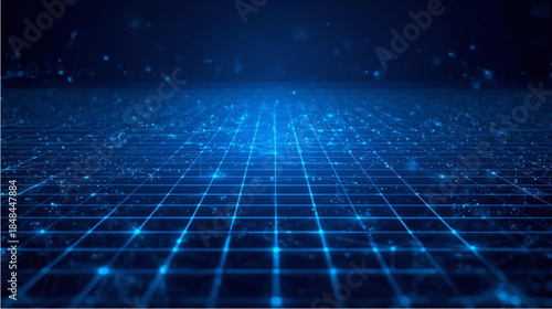 A futuristic blue glowing grid pattern with digital particles on a dark background, representing data and technology.