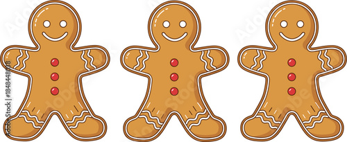 Set of three smiling Christmas gingerbread man cookies with decorative icing and red buttons for festive holiday baking themes and seasonal winter graphic design