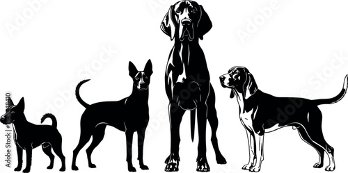 Set of four black dog silhouettes featuring different breeds including a terrier hound and large pointer for pet care branding and animal-themed graphic design