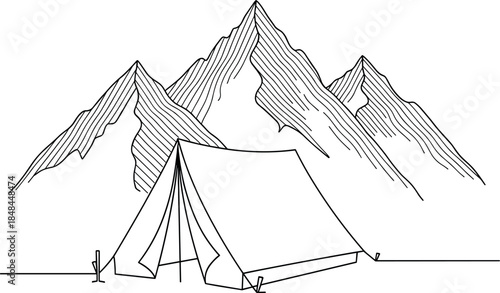 Continuous one-line drawing of a camping tent in front of high mountain peaks for outdoor adventure wilderness exploration and minimalist travel branding