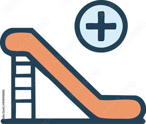 Clean vector icon of an escalator with a plus sign, representing adding a new moving staircase or improving vertical transport for better accessibility