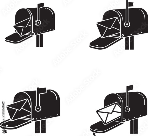 Illustrations of mailbox with envelope being deposited and retrieved in silhouette style
