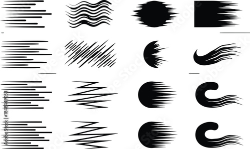 Set of vector black motion speed lines and comic effect wind whoosh shapes collection isolated on white background for action design (21 words)