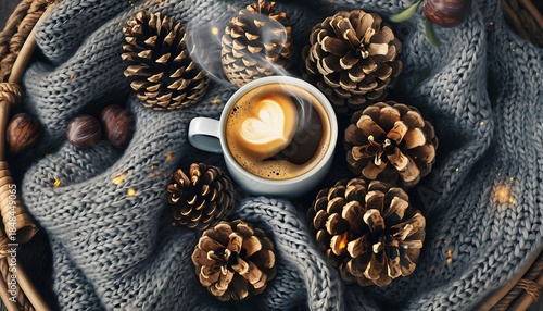 Cozy winter morning with steaming coffee and pinecones on gray knitted blanket