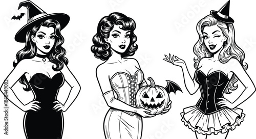 Set of vintage hand drawn pin up witch women characters in Halloween costumes with pumpkin isolated on white background (19 words)