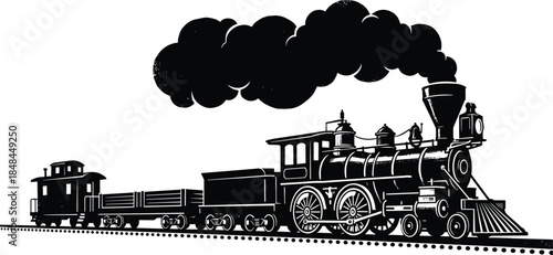 Vintage black and white steam train locomotive with smoke cloud vector illustration on railroad track isolated on white background (19 words)