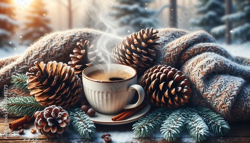 Cozy winter scene with steaming cup of coffee surrounded by pinecones