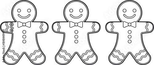 Set of three smiling Christmas gingerbread man outlines with bow ties and decorative icing for festive holiday coloring pages and seasonal winter graphic design