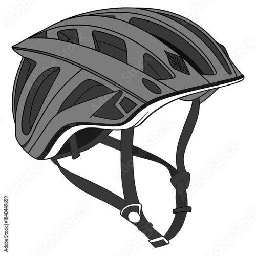 Gray bicycle helmet with black straps and white accents