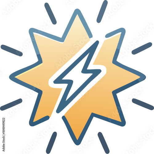 Dynamic cartoon-style graphic of an energy explosion with a central lightning strike, ideal for representing power, notification, warning, a bright idea, or sudden impact