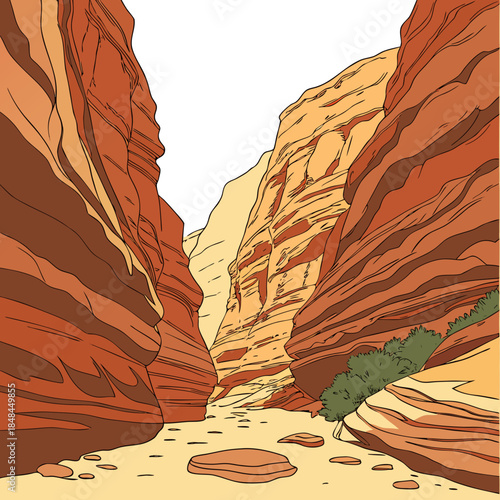 Layered canyon with rocky cliffs and desert vegetation