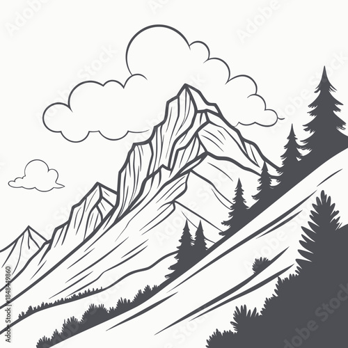 Mountain slope with cloudy peaks and trees