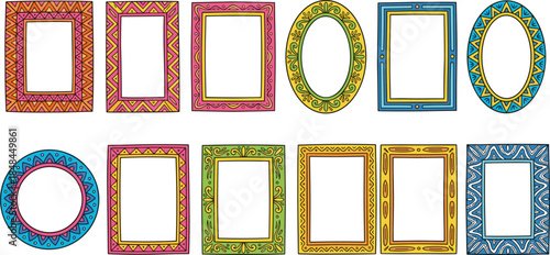 Set of colorful decorative vector photo frames with geometric ethnic patterns collection isolated on white background for border design (19 words)