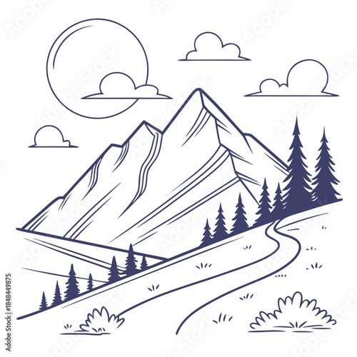 Mountain slope with cloudy peaks and trees minimalist line