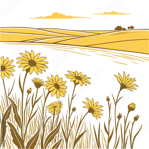 Yellow prairie field with wild sunflowers and rolling hills