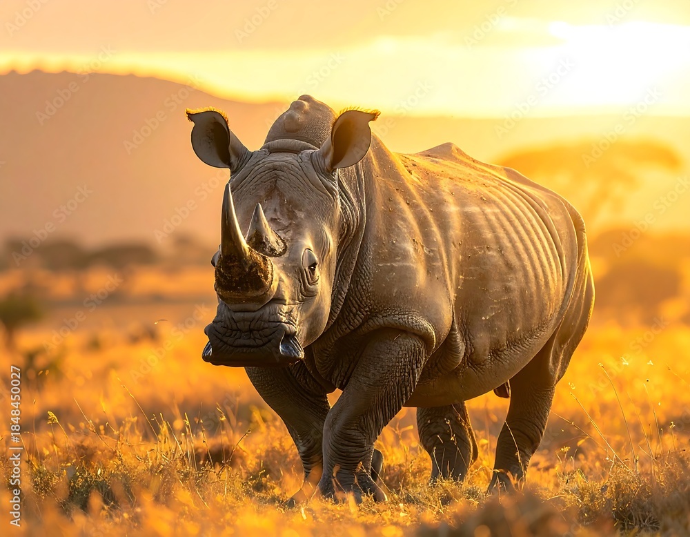 Fototapeta premium Large rhino walks in a sunlit savanna with a glowing sunset