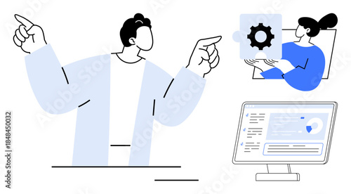 Team collaboration, data analysis, workflow management, tech solutions, business software, innovation. A person explains a concept while another holds a cog icon, and a screen displays analytics