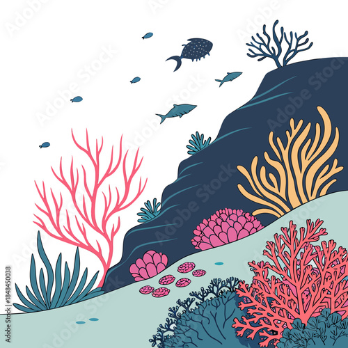 Colorful coral reef with fish and sea anemones underwater scene