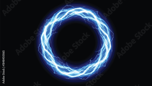 Abstract glowing blue electric lightning circle ring isolated on black background for high voltage power and futuristic energy concepts (19 words)
