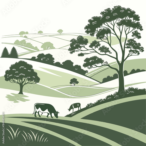 Green rolling hills with cows grazing under trees green landscape